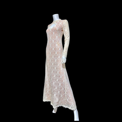 I MAGNIN vintage 1970s crochet maxi dress, Rebecca white cotton lace boho wedding dress