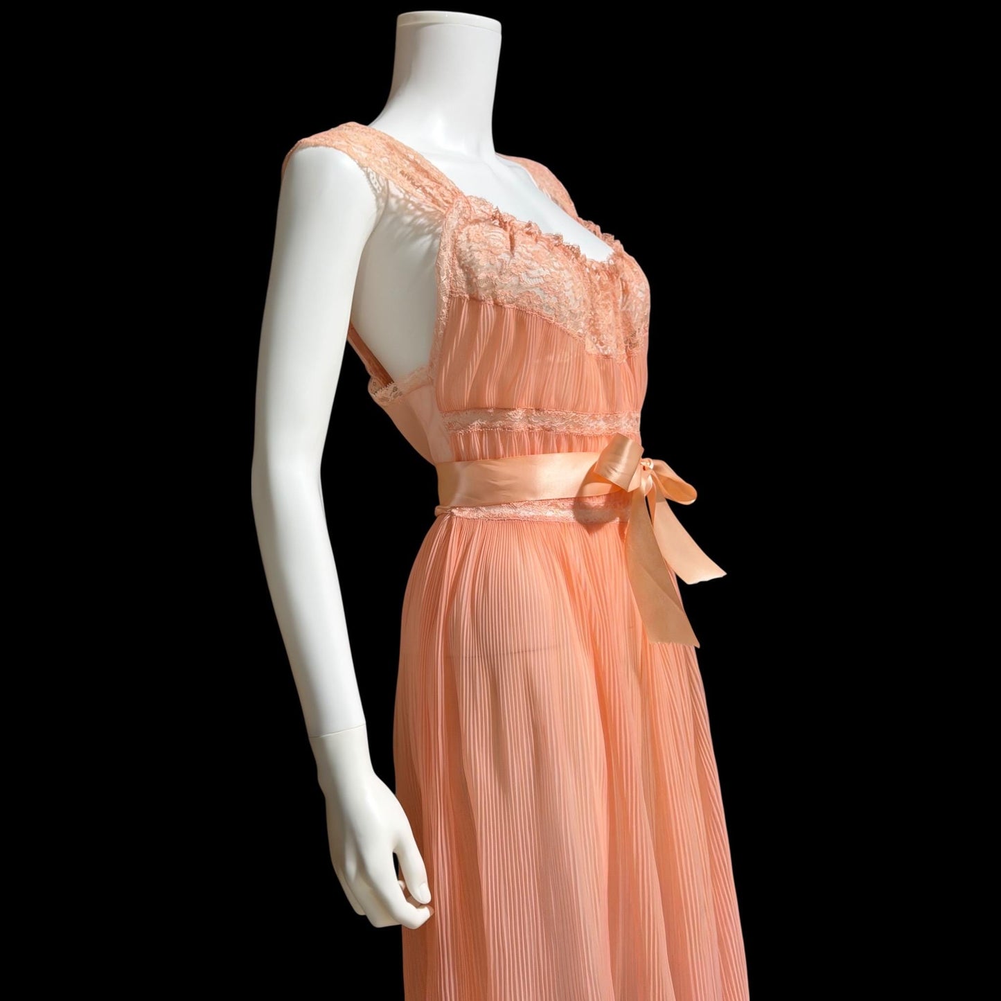 LADY DUFF vintage 1940s Nightgown slip dress, Micro pleat peach nylon sheer lingerie gown