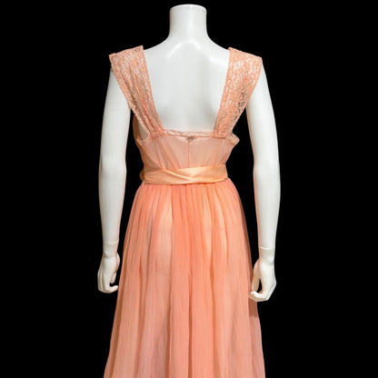 LADY DUFF vintage 1940s Nightgown slip dress, Micro pleat peach nylon sheer lingerie gown