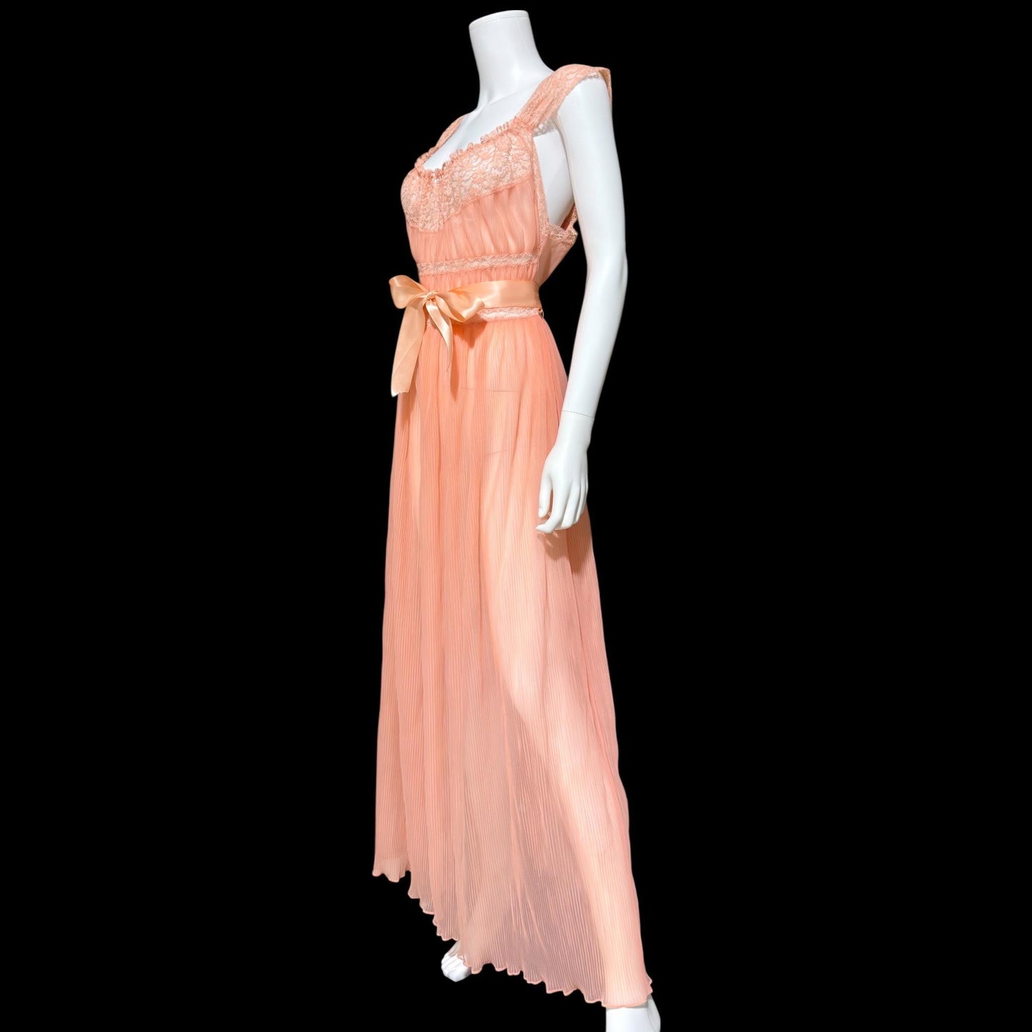 LADY DUFF vintage 1940s Nightgown slip dress, Micro pleat peach nylon sheer lingerie gown