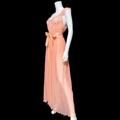 LADY DUFF vintage 1940s Nightgown slip dress, Micro pleat peach nylon sheer lingerie gown