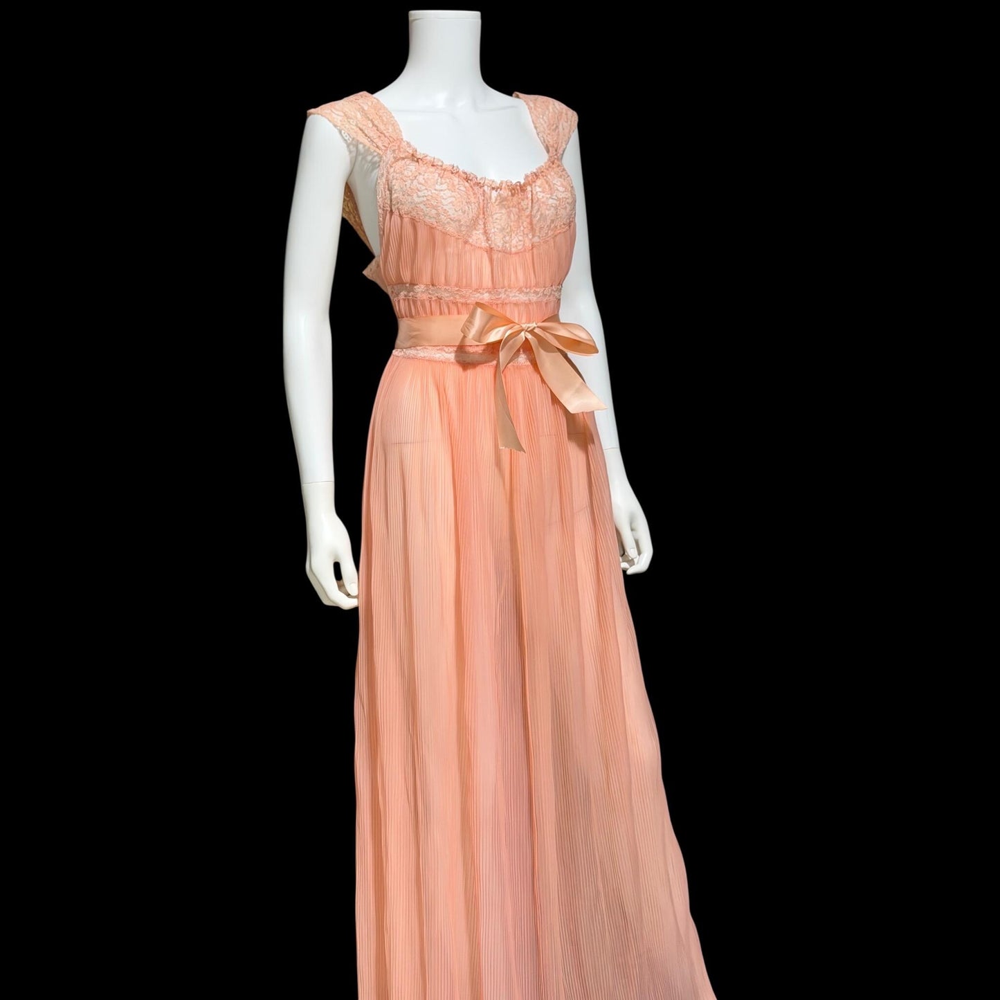 LADY DUFF vintage 1940s Nightgown slip dress, Micro pleat peach nylon sheer lingerie gown