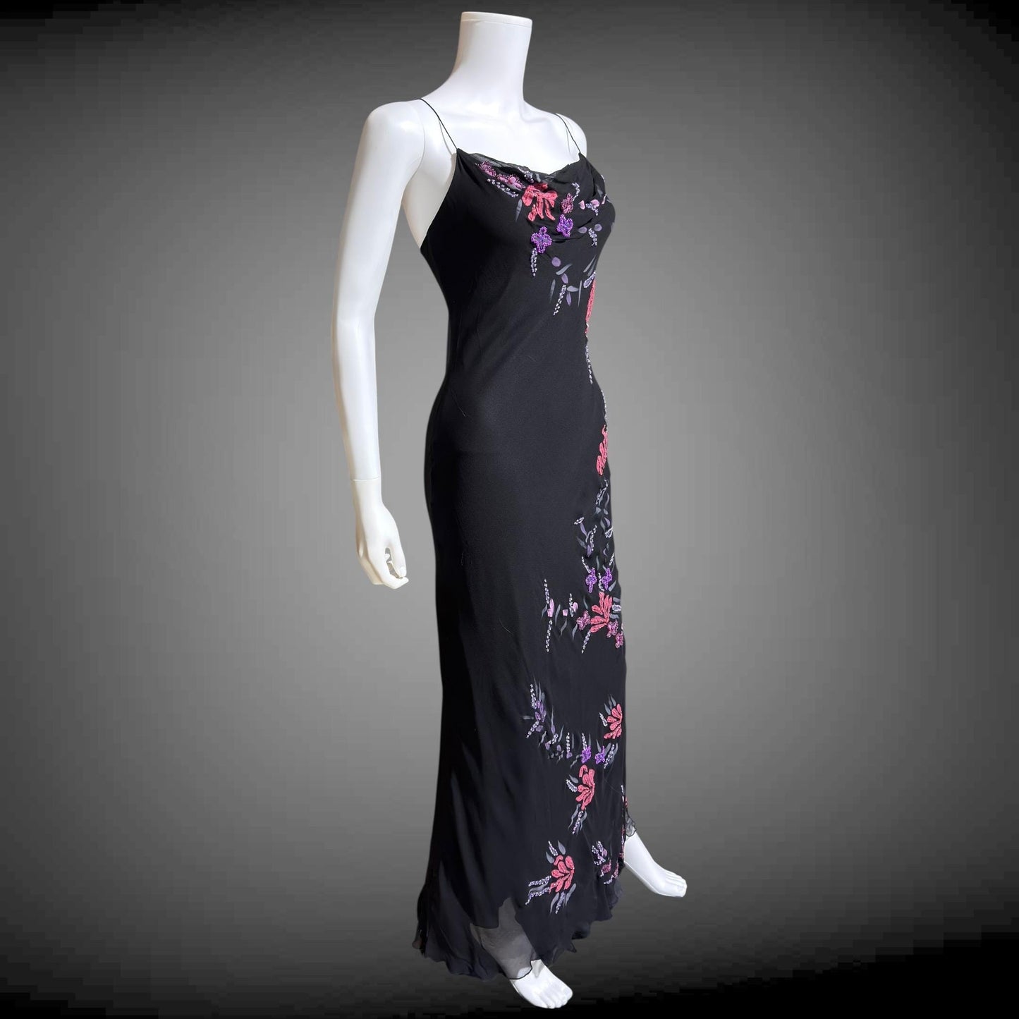 BETSEY JOHNSON vintage evening dress gown, 1990s designer black beaded bias cut slip dress