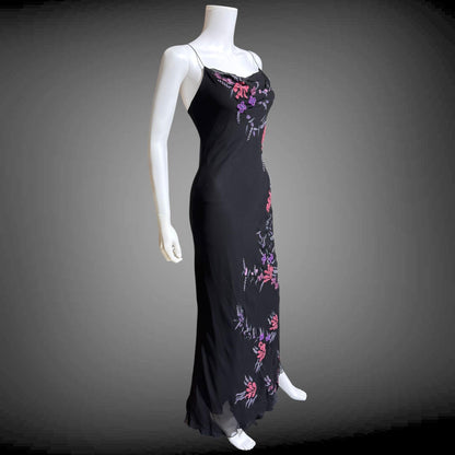 BETSEY JOHNSON vintage evening dress gown, 1990s designer black beaded bias cut slip dress