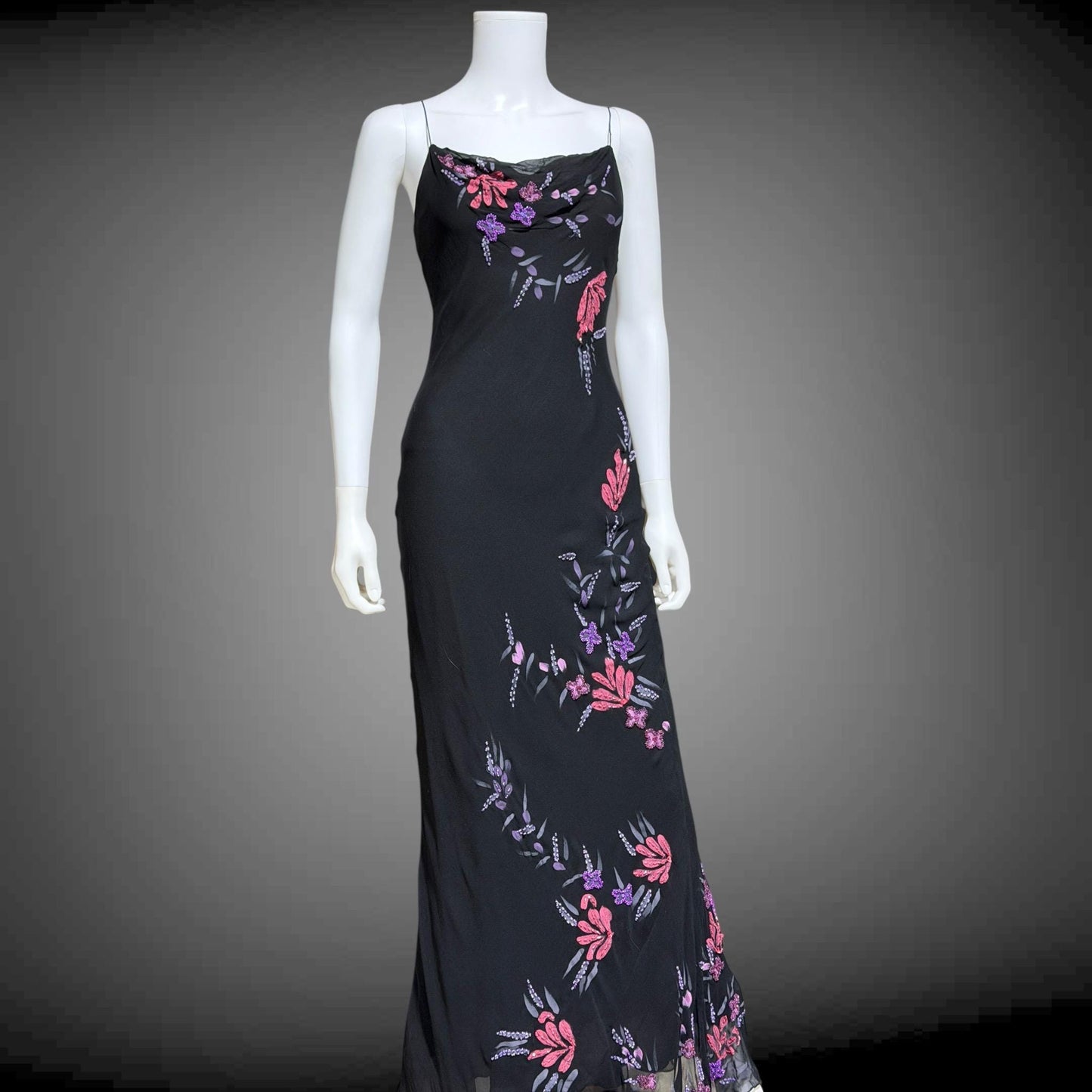 BETSEY JOHNSON vintage evening dress gown, 1990s designer black beaded bias cut slip dress
