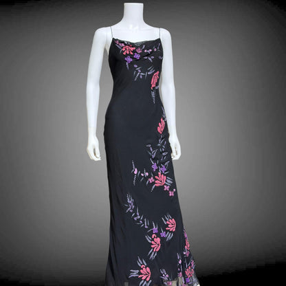 BETSEY JOHNSON vintage evening dress gown, 1990s designer black beaded bias cut slip dress