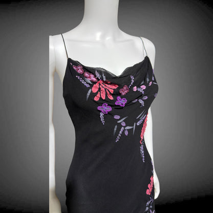 BETSEY JOHNSON vintage evening dress gown, 1990s designer black beaded bias cut slip dress