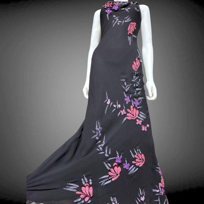 BETSEY JOHNSON vintage evening dress gown, 1990s designer black beaded bias cut slip dress