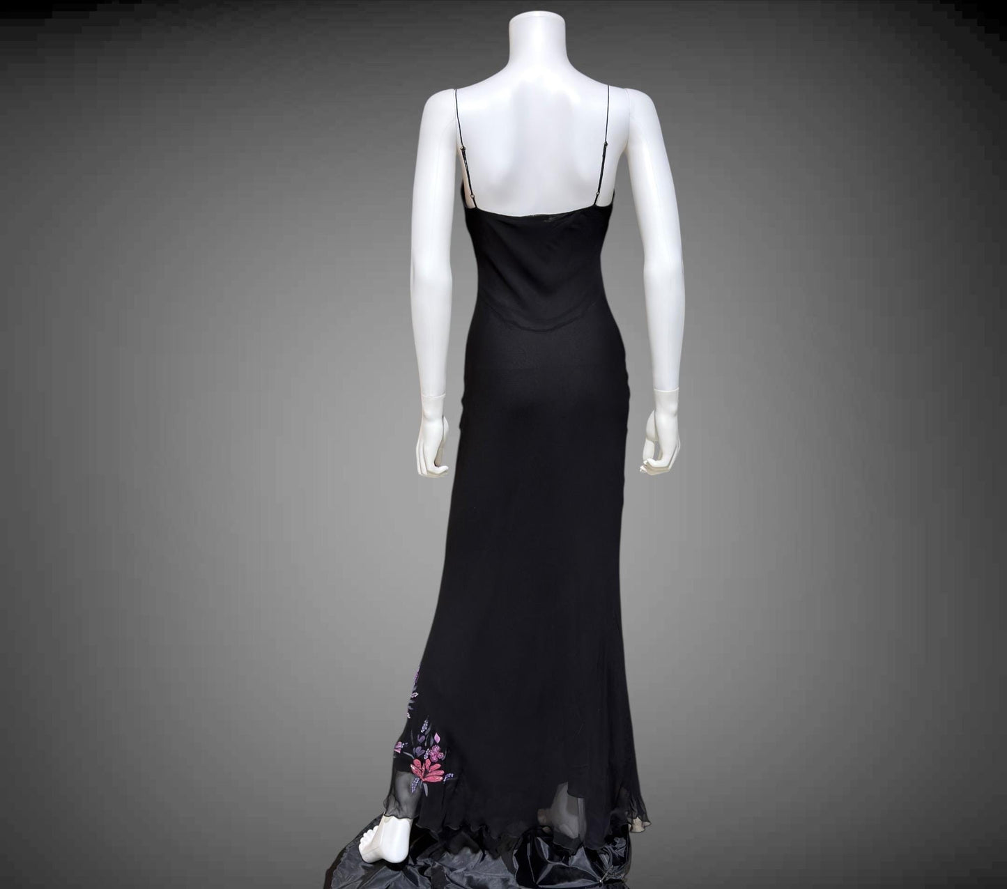BETSEY JOHNSON vintage evening dress gown, 1990s designer black beaded bias cut slip dress