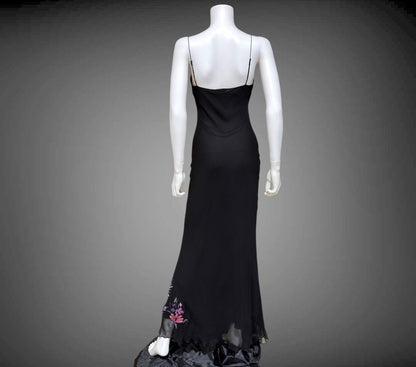 BETSEY JOHNSON vintage evening dress gown, 1990s designer black beaded bias cut slip dress