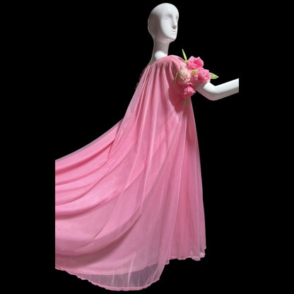 VIRGINIA WALLACE vintage nightgown robe set, 1960s Barbie Pink lingerie slip dress peignoir set