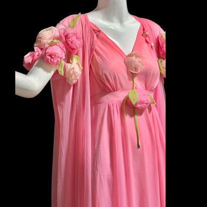VIRGINIA WALLACE vintage nightgown robe set, 1960s Barbie Pink lingerie slip dress peignoir set