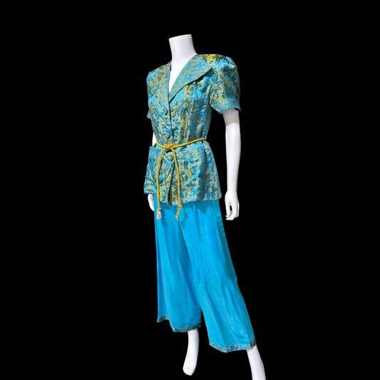 1940s vintage silk pajamas, 2 piece cocktail party lounge set, Blue Gold floral silk damask