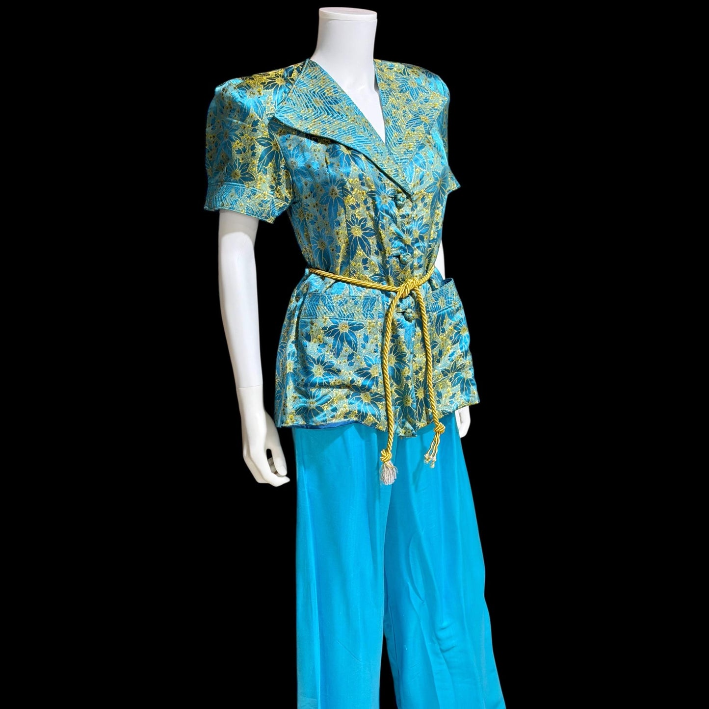 1940s vintage silk pajamas, 2 piece cocktail party lounge set, Blue Gold floral silk damask