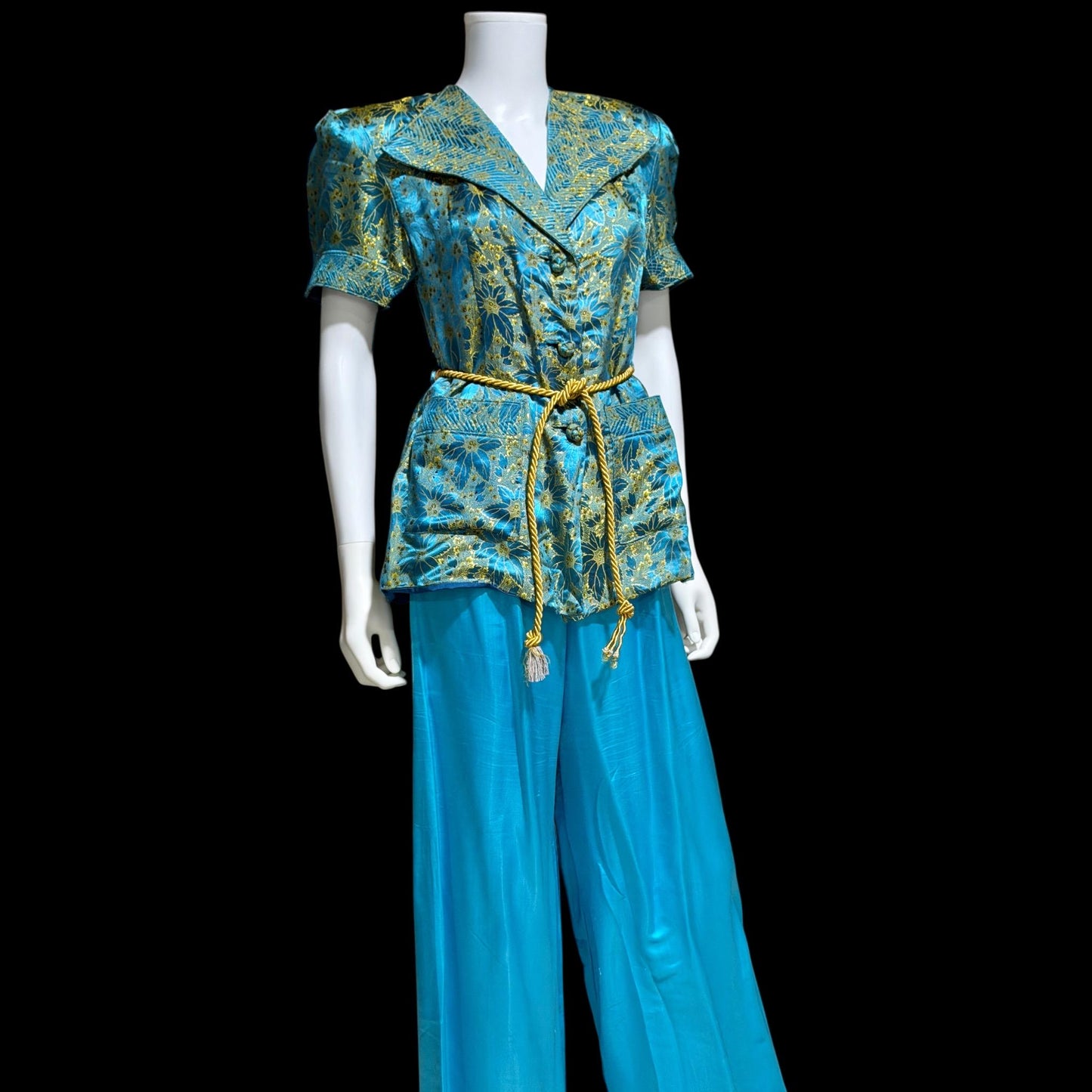 1940s vintage silk pajamas, 2 piece cocktail party lounge set, Blue Gold floral silk damask