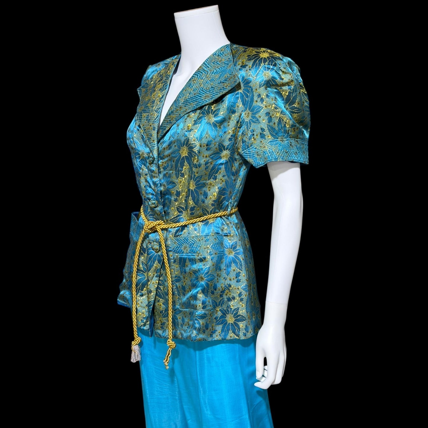 1940s vintage silk pajamas, 2 piece cocktail party lounge set, Blue Gold floral silk damask