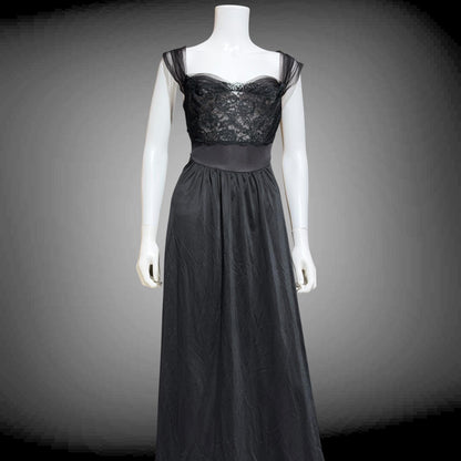 VANITY FAIR vintage 1950s Nightgown Slip Dress, SAKS Black nylon full length lingerie dress