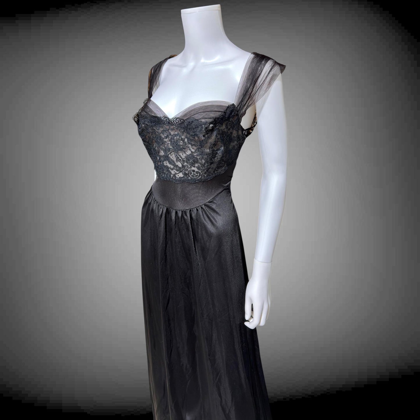 VANITY FAIR vintage 1950s Nightgown Slip Dress, SAKS Black nylon full length lingerie dress