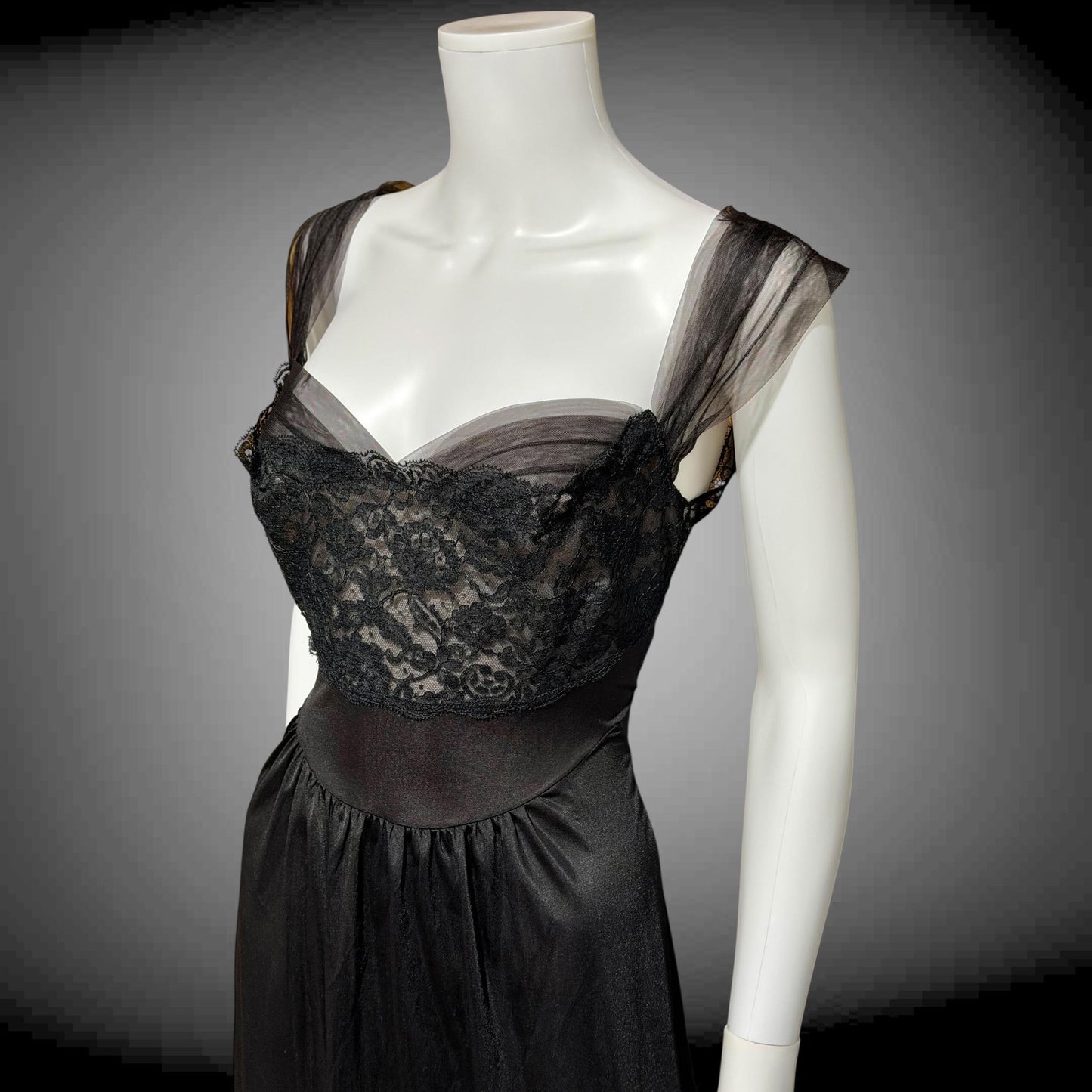 VANITY FAIR vintage 1950s Nightgown Slip Dress, SAKS Black nylon full length lingerie dress