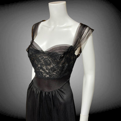 VANITY FAIR vintage 1950s Nightgown Slip Dress, SAKS Black nylon full length lingerie dress
