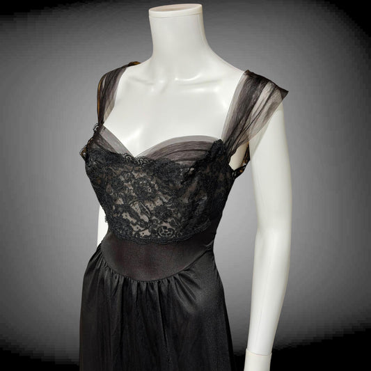 VANITY FAIR vintage 1950s Nightgown Slip Dress, SAKS Black nylon full length lingerie dress