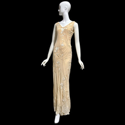LILLIE RUBIN vintage evening dress gown, 1990s Nude Beaded Silk slip dress