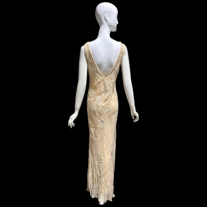 LILLIE RUBIN vintage evening dress gown, 1990s Nude Beaded Silk slip dress