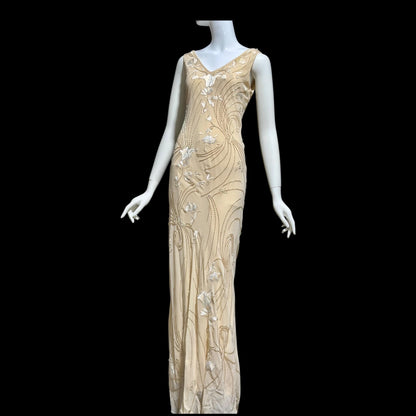 LILLIE RUBIN vintage evening dress gown, 1990s Nude Beaded Silk slip dress