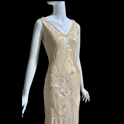 LILLIE RUBIN vintage evening dress gown, 1990s Nude Beaded Silk slip dress