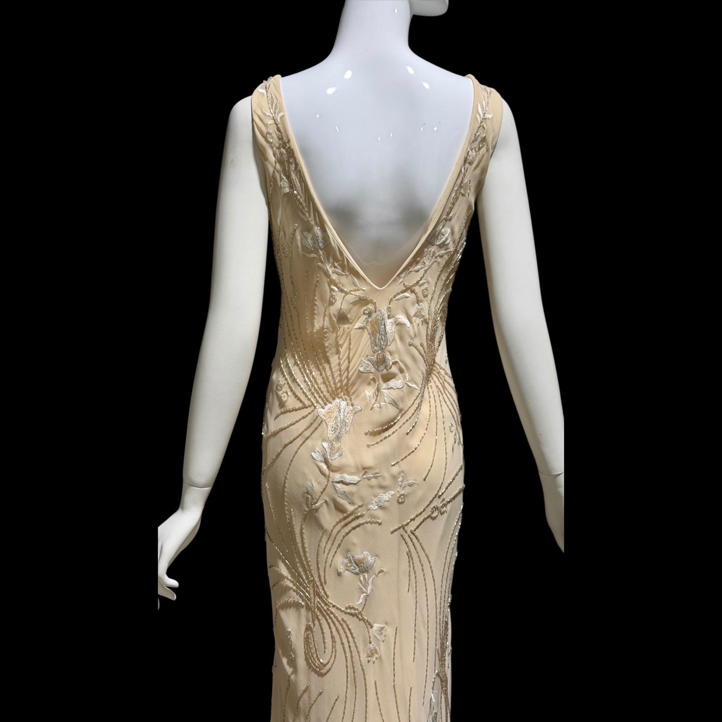 LILLIE RUBIN vintage evening dress gown, 1990s Nude Beaded Silk slip dress