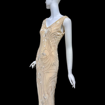 LILLIE RUBIN vintage evening dress gown, 1990s Nude Beaded Silk slip dress