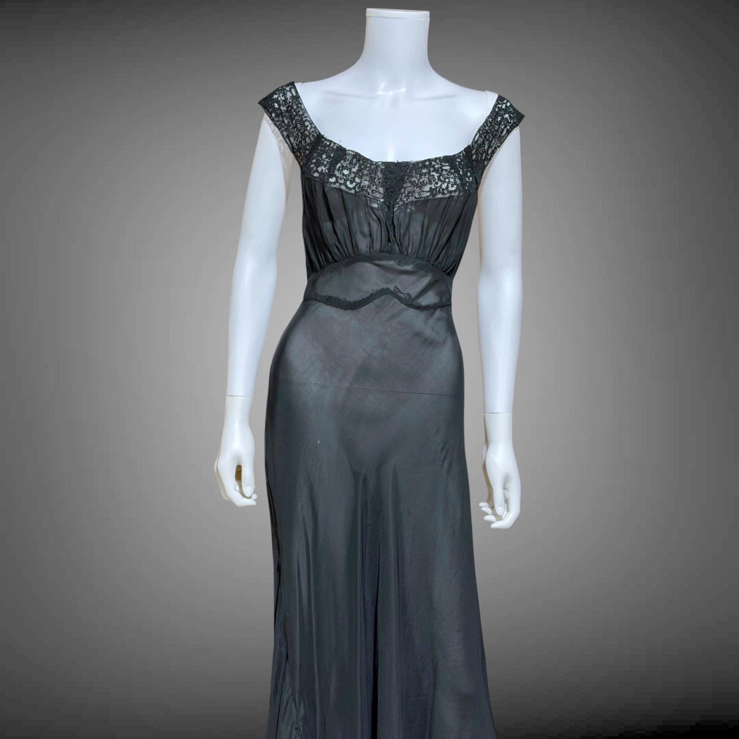 WONDERMAID vintage 1940s Nightgown Slip Dress, Sheer Black nylon full length lingerie dress