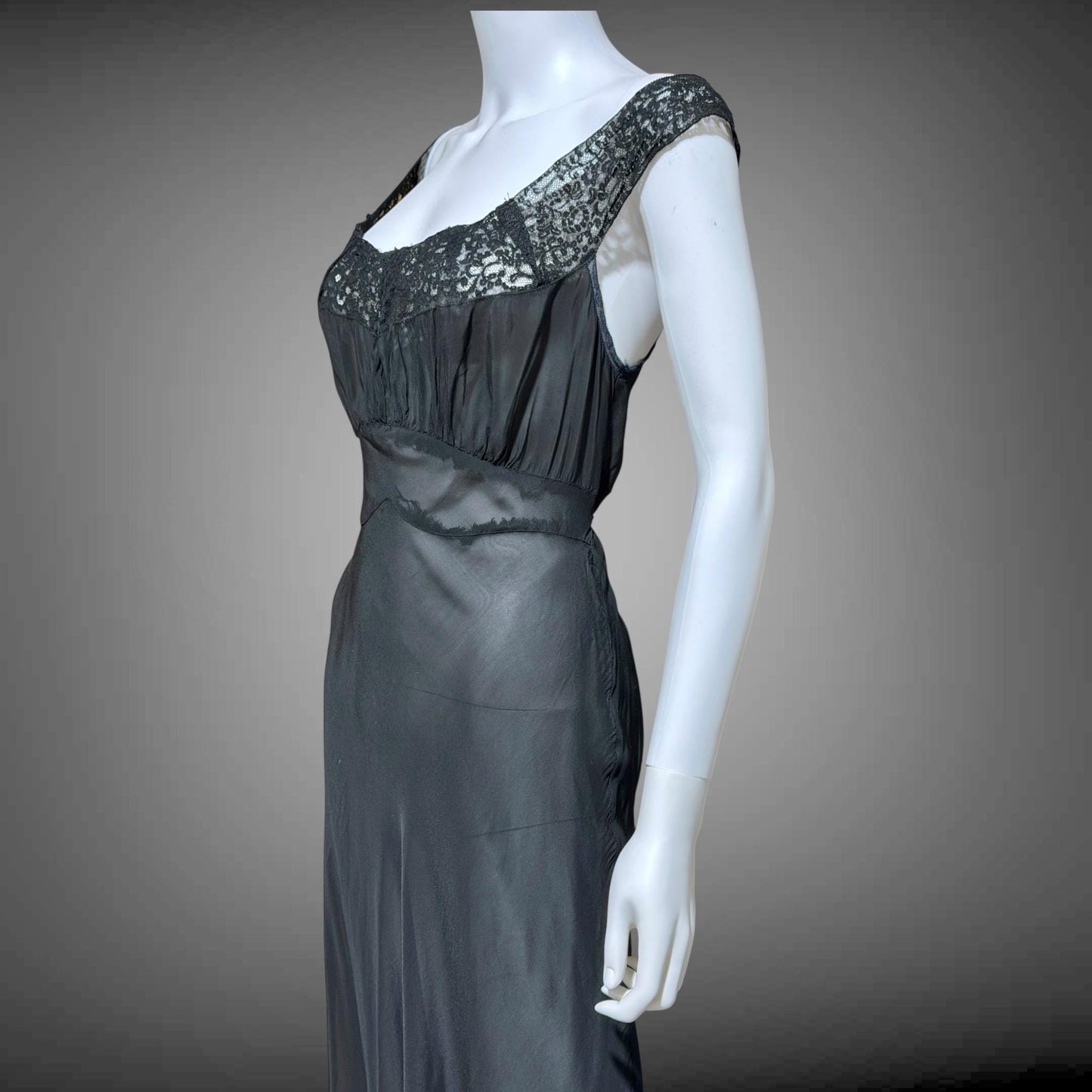 WONDERMAID vintage 1940s Nightgown Slip Dress, Sheer Black nylon full length lingerie dress