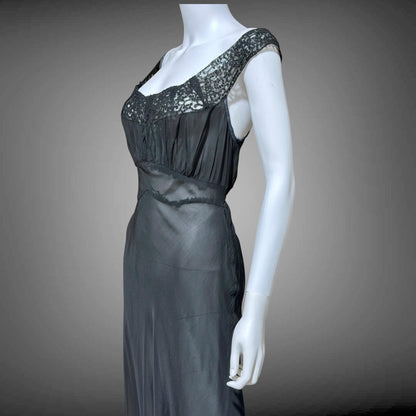 WONDERMAID vintage 1940s Nightgown Slip Dress, Sheer Black nylon full length lingerie dress