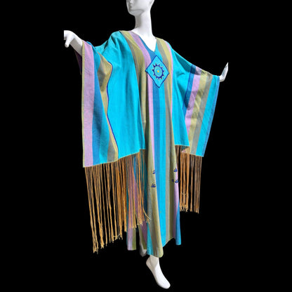 JOSEFA Vintage 1970s Caftan Kaftan dress, Mexican Designer Cotton Hippie Boho Long Maxi Dress with fringe