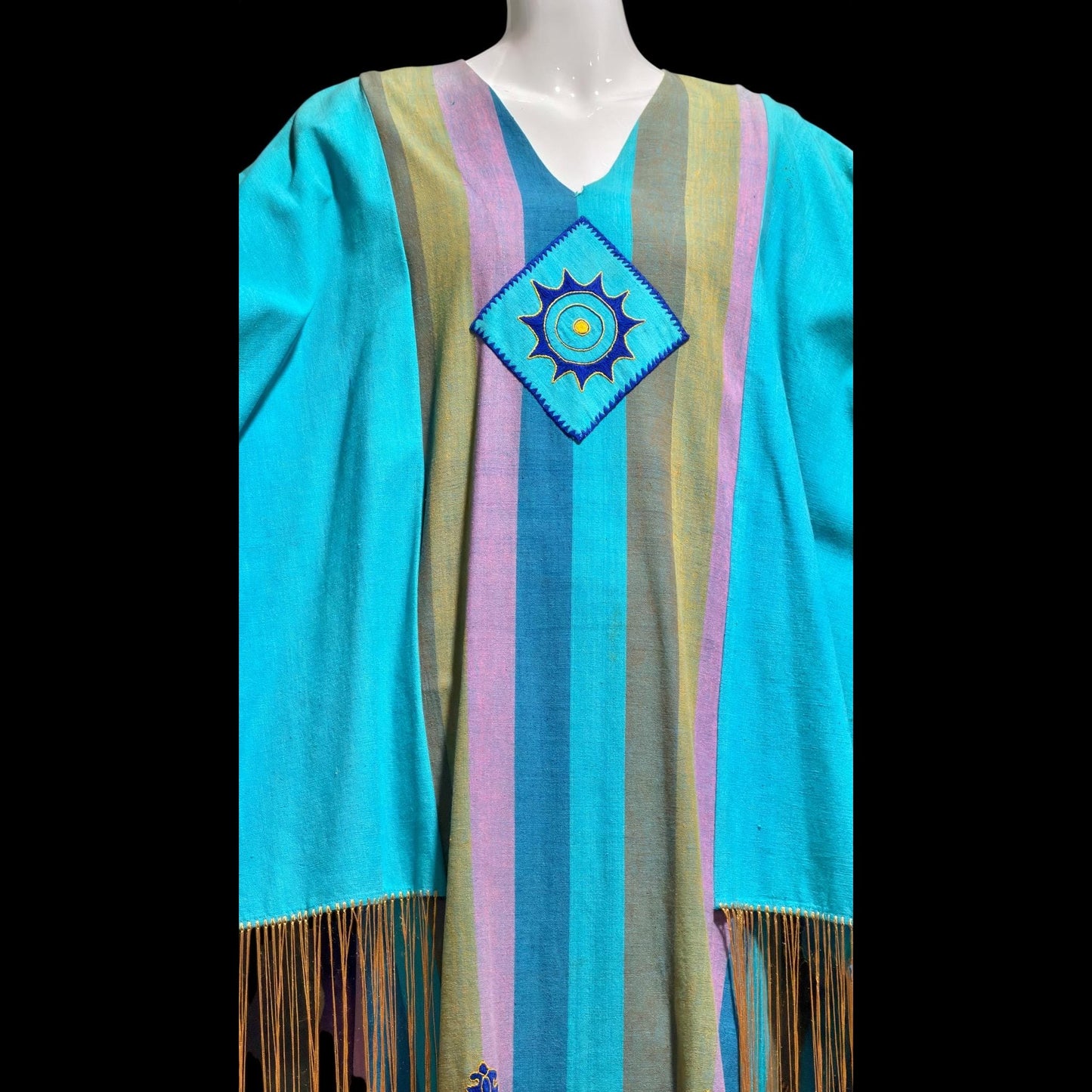 JOSEFA Vintage 1970s Caftan Kaftan dress, Mexican Designer Cotton Hippie Boho Long Maxi Dress with fringe