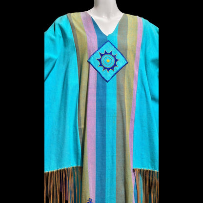 JOSEFA Vintage 1970s Caftan Kaftan dress, Mexican Designer Cotton Hippie Boho Long Maxi Dress with fringe