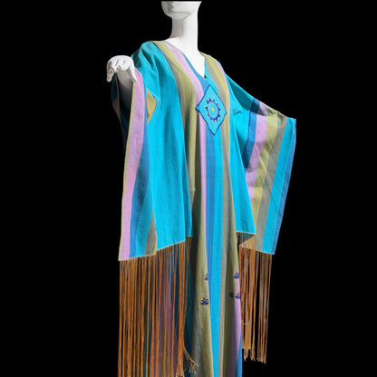 JOSEFA Vintage 1970s Caftan Kaftan dress, Mexican Designer Cotton Hippie Boho Long Maxi Dress with fringe