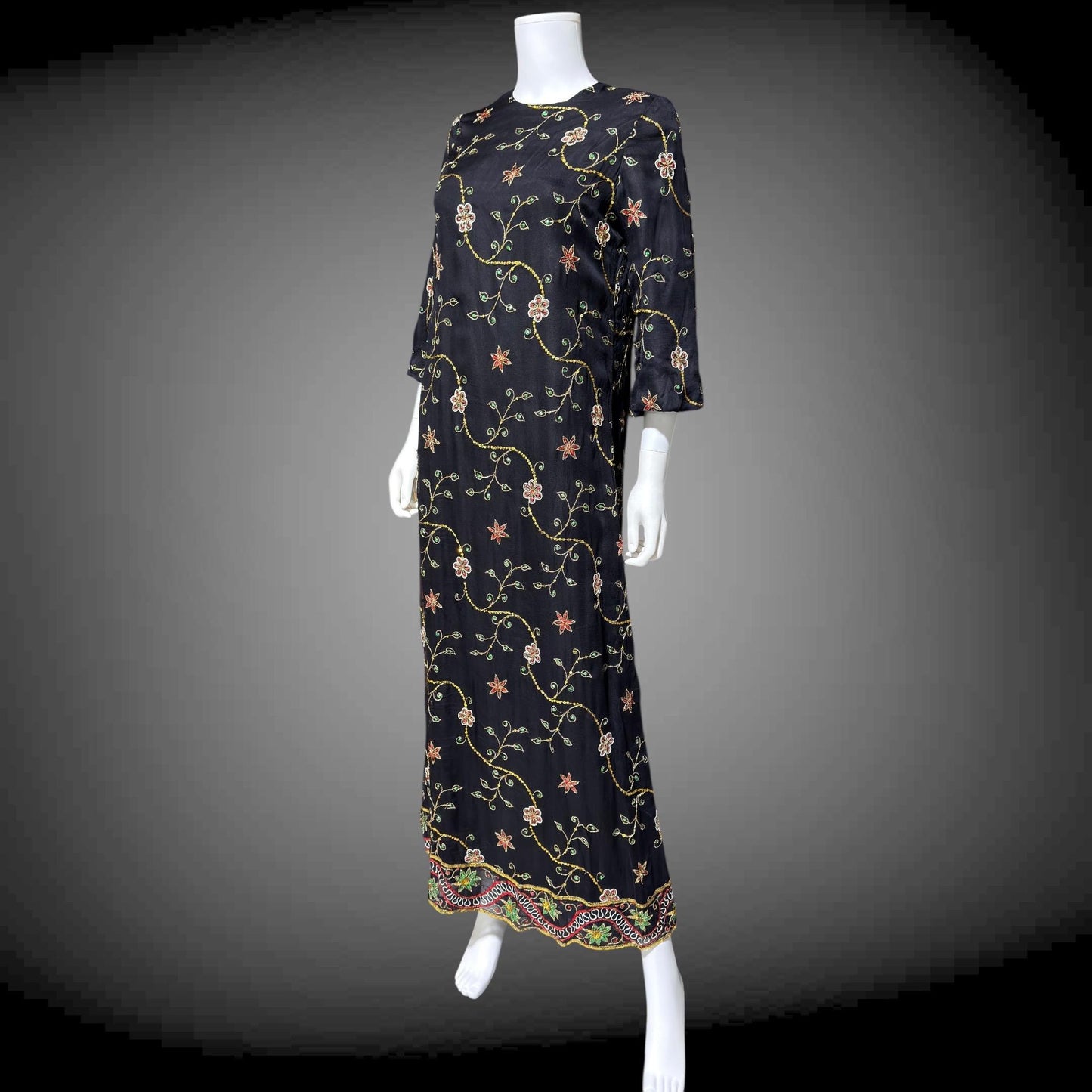 PROFILS du MONDE vintage 1960s caftan dress,  Beverly Hills Designer Black Silk embroidered sequin kaftan evening dress