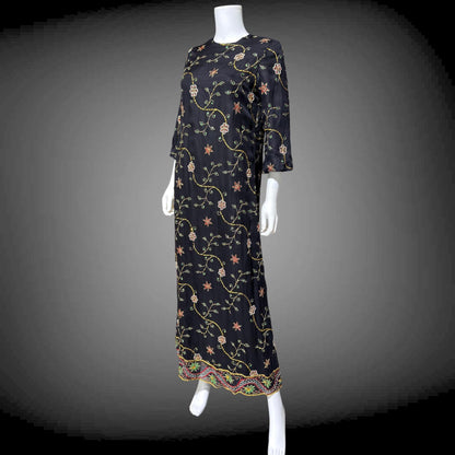 PROFILS du MONDE vintage 1960s caftan dress,  Beverly Hills Designer Black Silk embroidered sequin kaftan evening dress