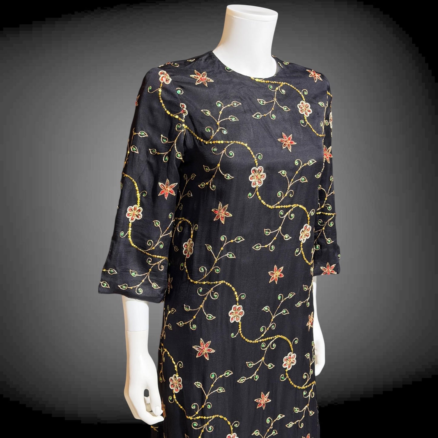 PROFILS du MONDE vintage 1960s caftan dress,  Beverly Hills Designer Black Silk embroidered sequin kaftan evening dress