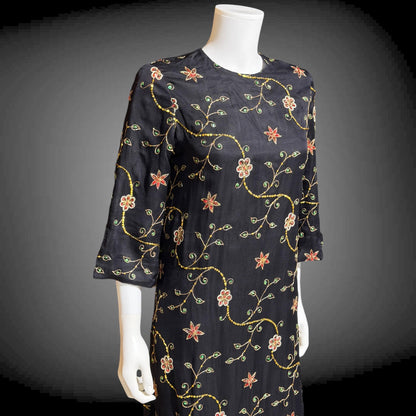 PROFILS du MONDE vintage 1960s caftan dress,  Beverly Hills Designer Black Silk embroidered sequin kaftan evening dress