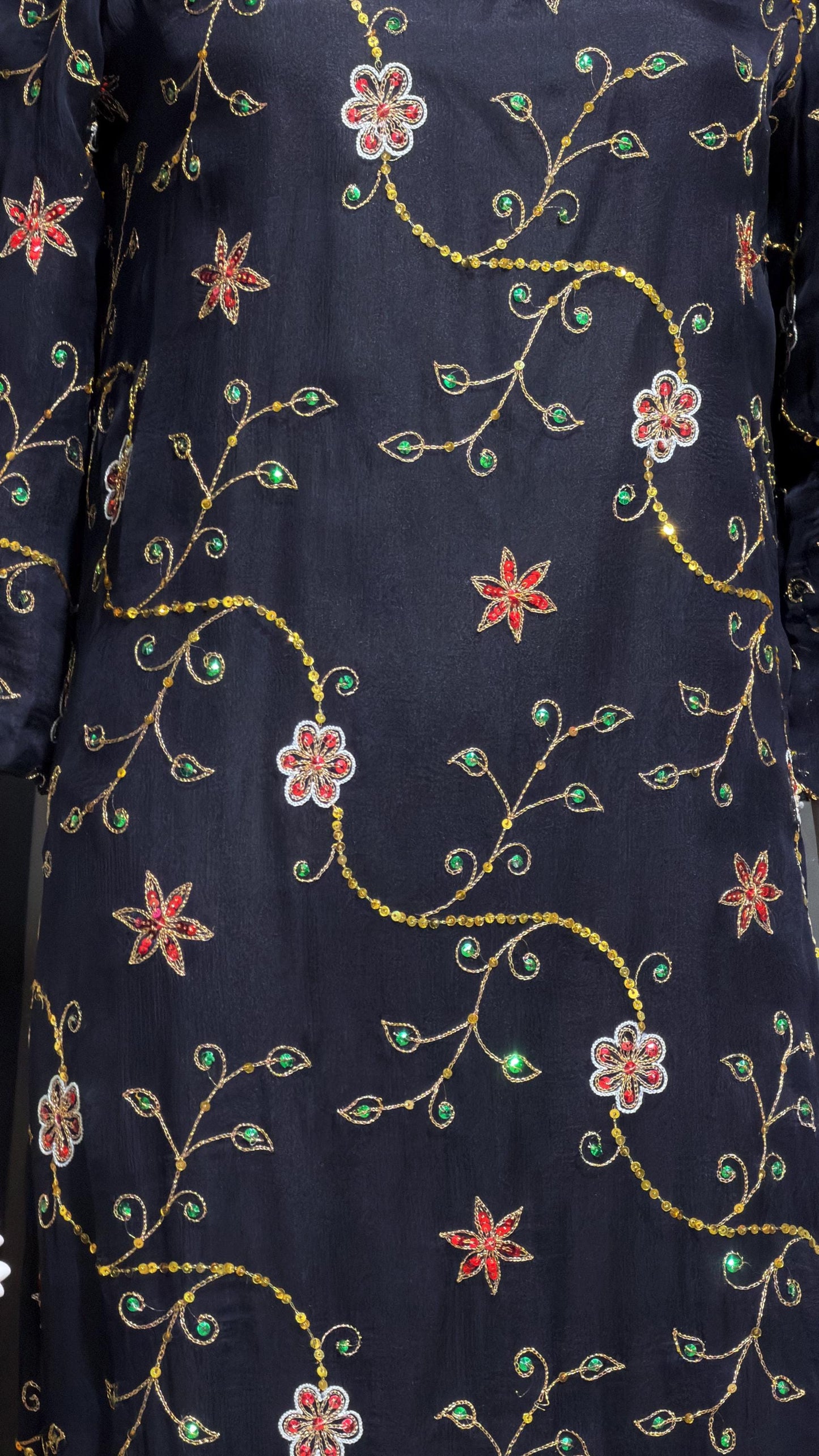 PROFILS du MONDE vintage 1960s caftan dress,  Beverly Hills Designer Black Silk embroidered sequin kaftan evening dress