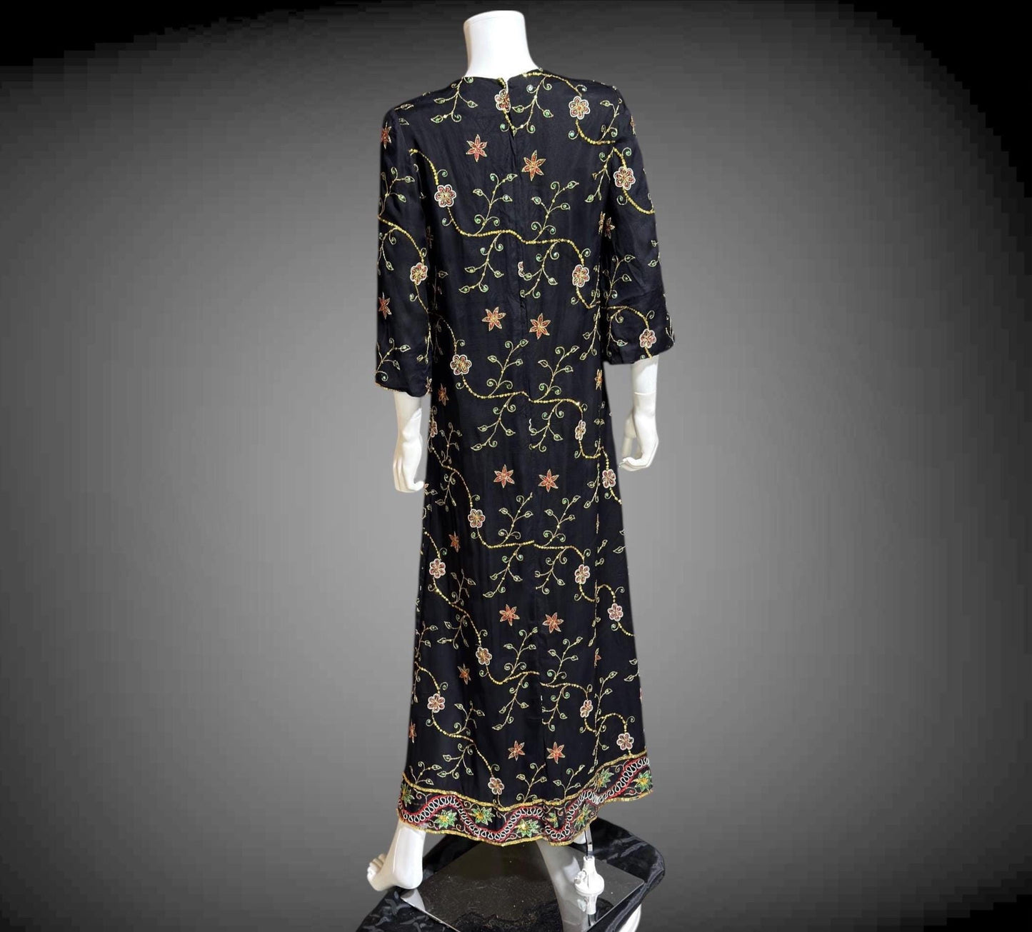 PROFILS du MONDE vintage 1960s caftan dress,  Beverly Hills Designer Black Silk embroidered sequin kaftan evening dress