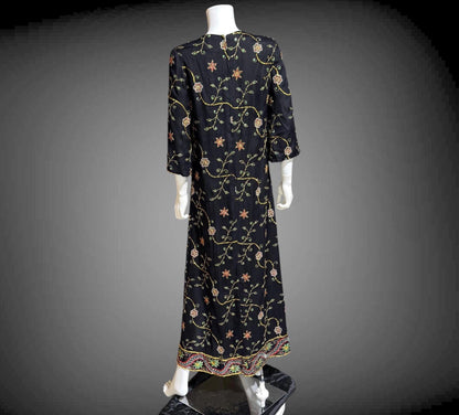 PROFILS du MONDE vintage 1960s caftan dress,  Beverly Hills Designer Black Silk embroidered sequin kaftan evening dress
