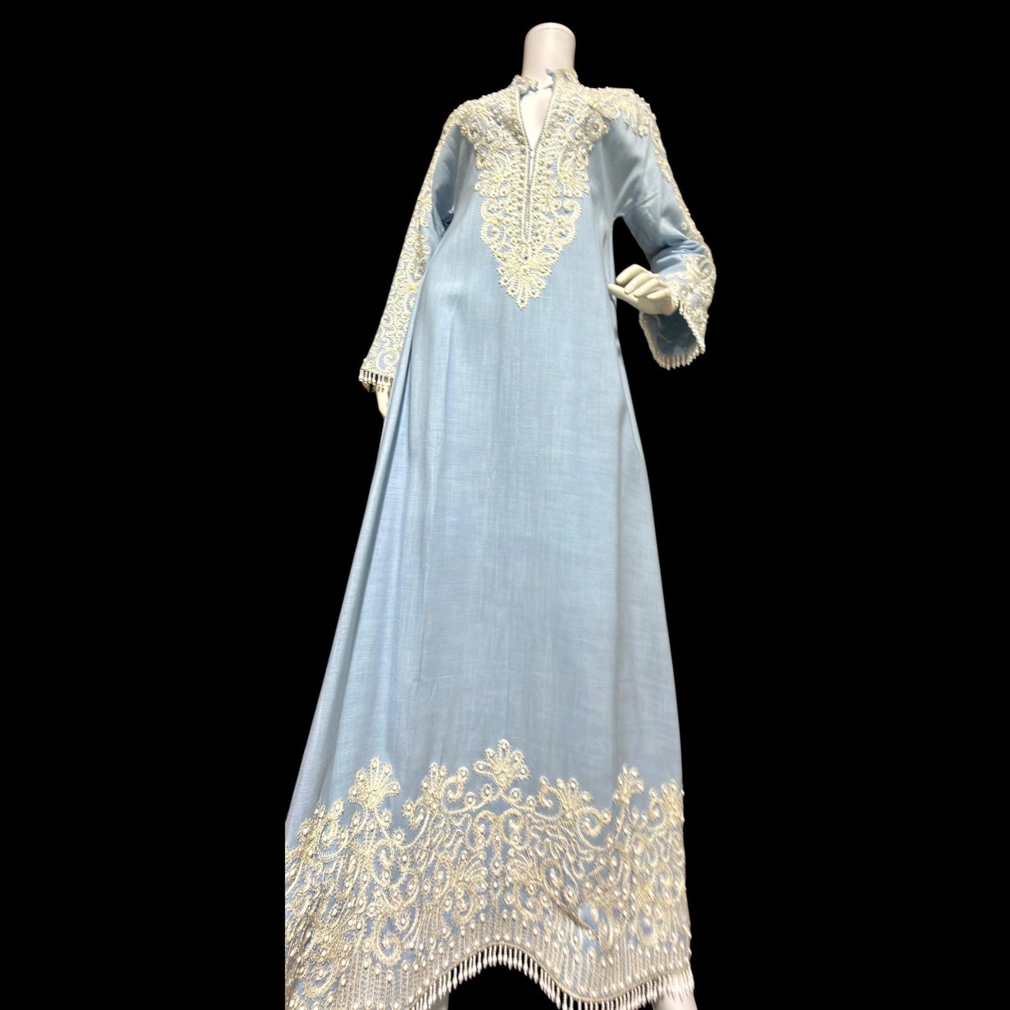 BONWIT TELLER Vintage 1960s evening caftan dress, Rebecca Designer Beaded Linen Kaftan Gown