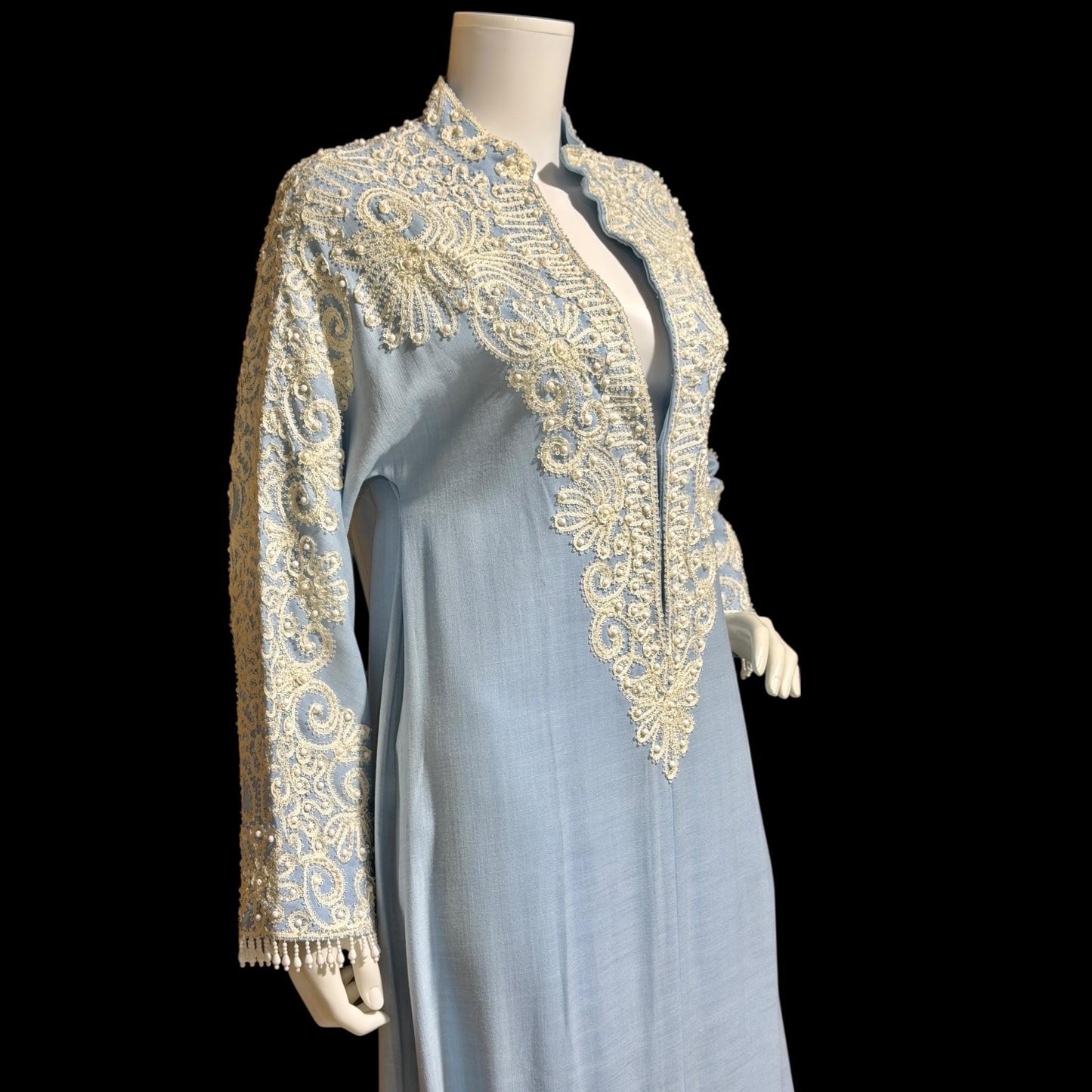 BONWIT TELLER Vintage 1960s evening caftan dress, Rebecca Designer Beaded Linen Kaftan Gown