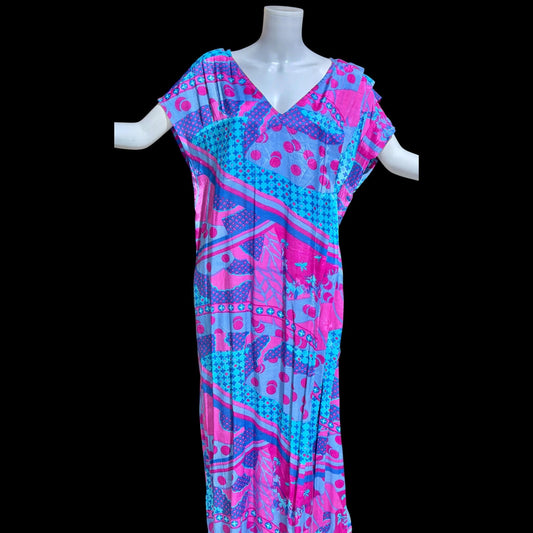 SULTANA by ADINI Vintage 1970s designer caftan dress, Op Art Rayon shift maxi house dress, large