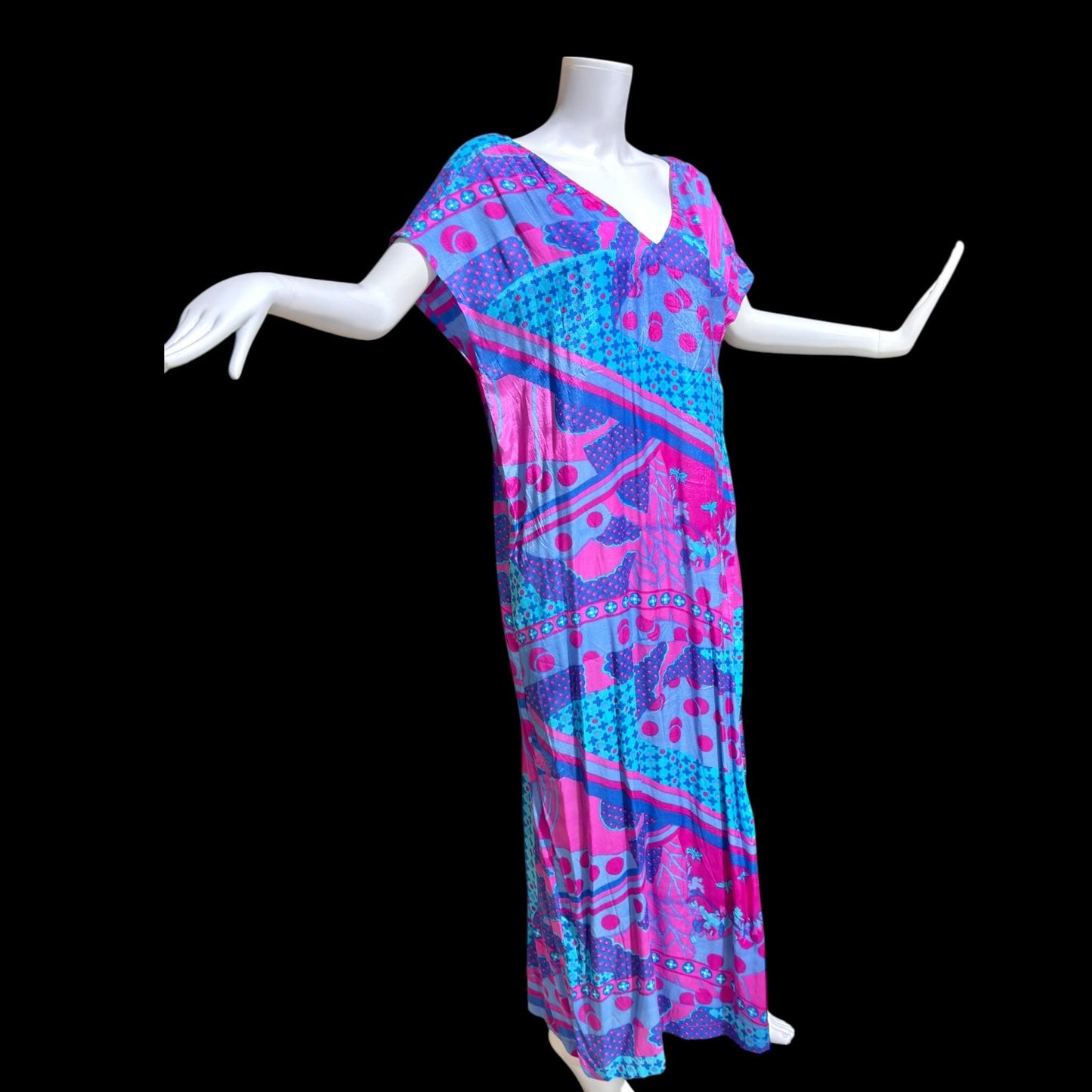 SULTANA by ADINI Vintage 1970s designer caftan dress, Op Art Rayon shift maxi house dress, large