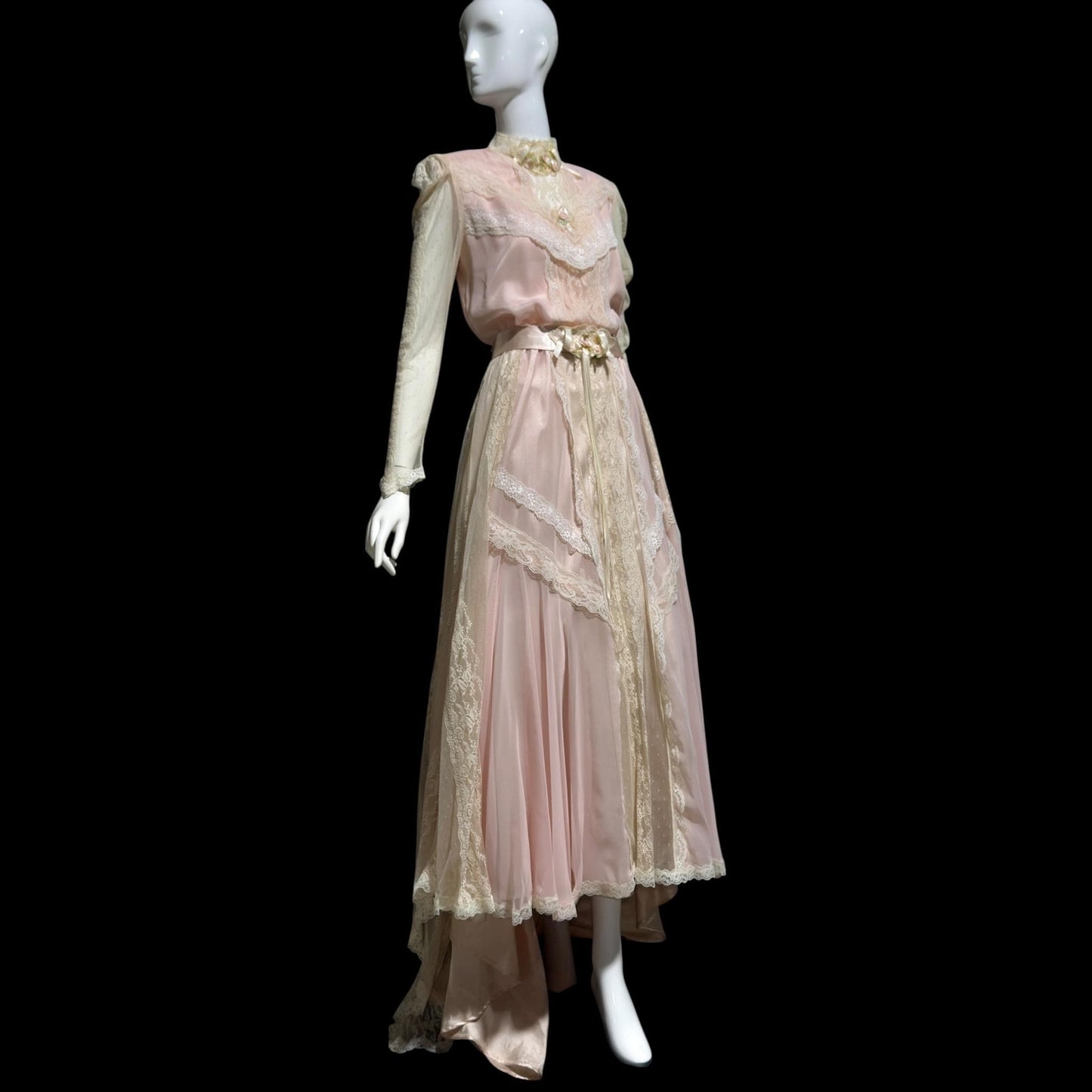 1970s vintage Wedding dress gown, Victorian Edwardian Inspired PINK Bohemian gown, Medium